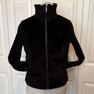 High Neck Faux Fur Women's Black Jacket Pockets Zipper Ribbed Sweater